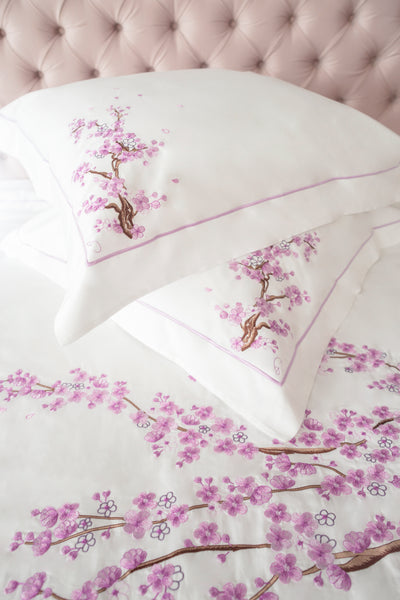 Sakura-embroidered Turkish linen pillowcase set of 2